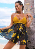 V Neck Swimsuit Dress Floral Knitting Chiffon Two Piece Set