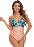Floral Print V Neck One Piece Swimsuit